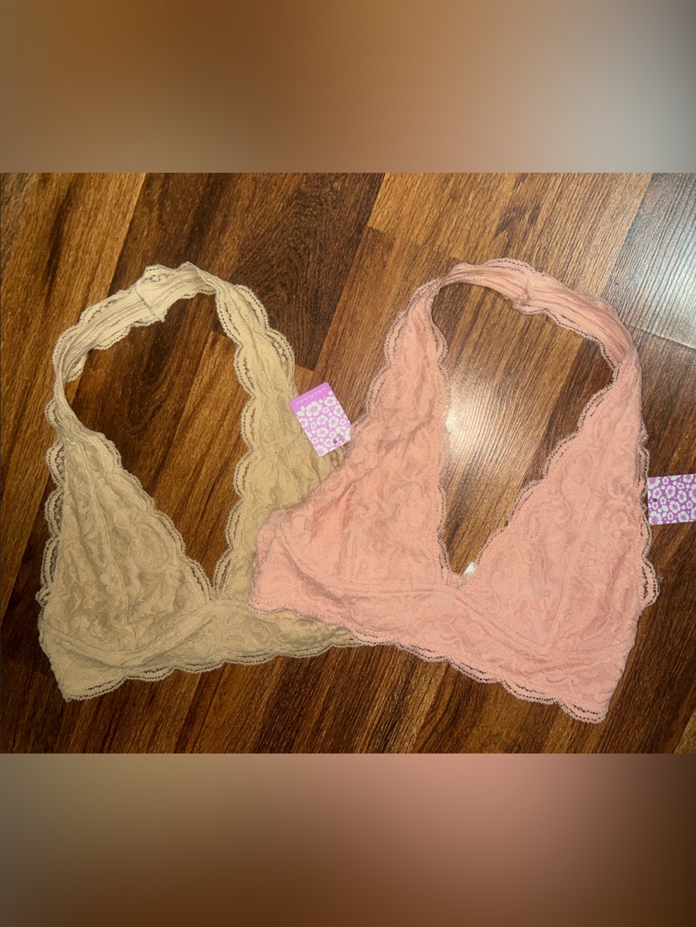 Anemone Lace Halter Bralettes - Peach and Nude